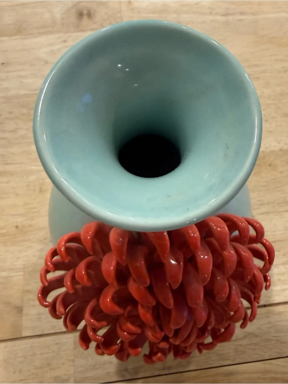 Anthropologie Celadon Blue 3D Red Chrysanthemum Ceramic Vase Rare